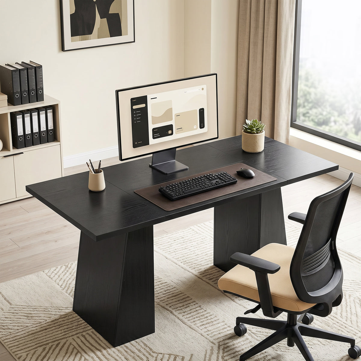 63 Inch Computer Desk with Trapezoidal Frame Light Black Wood Grain