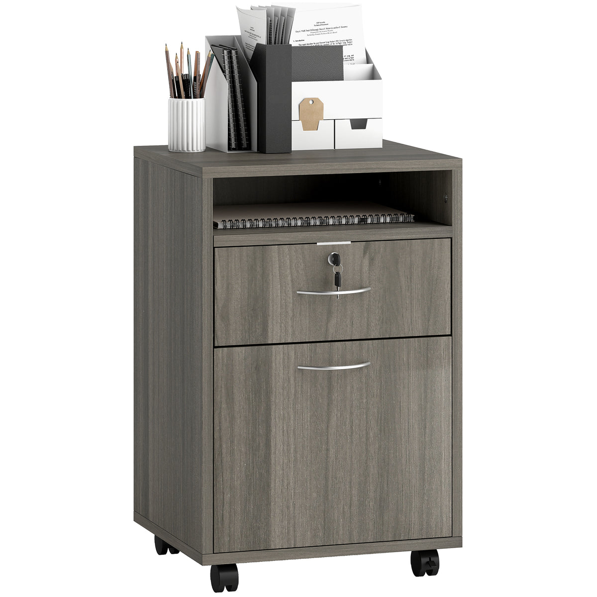 24" Filing Cabinet with Open Compartment, Lockable Drawer and Wheels, Home Office Storage Cabinet, Distressed Grey