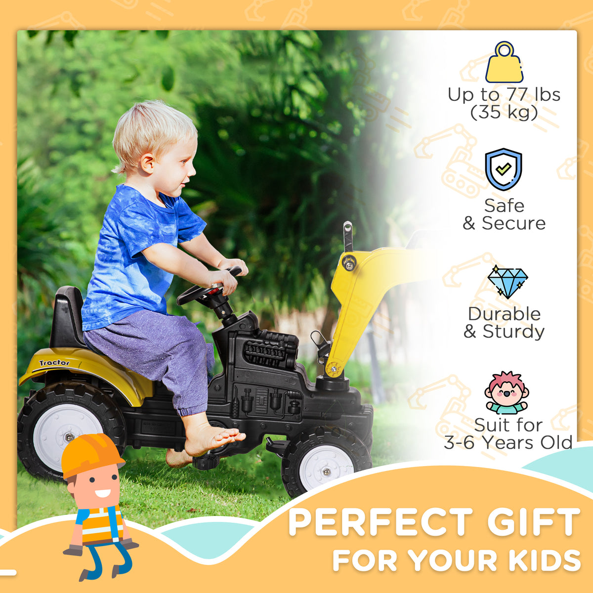 Aosom Ride on Tractor for Kids, Pedal Excavator Ride on Toy with Controllable Front Bucket for 3 Years Old, Yellow