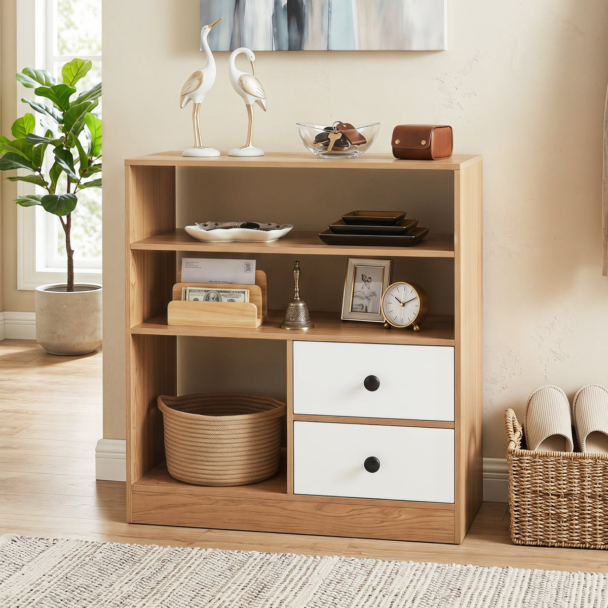 Open Storage Cabinet with 3 Open Compartments and 2 Drawer-Natural view 2
