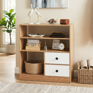 Open Storage Cabinet with 3 Open Compartments and 2 Drawer-Natural view 2