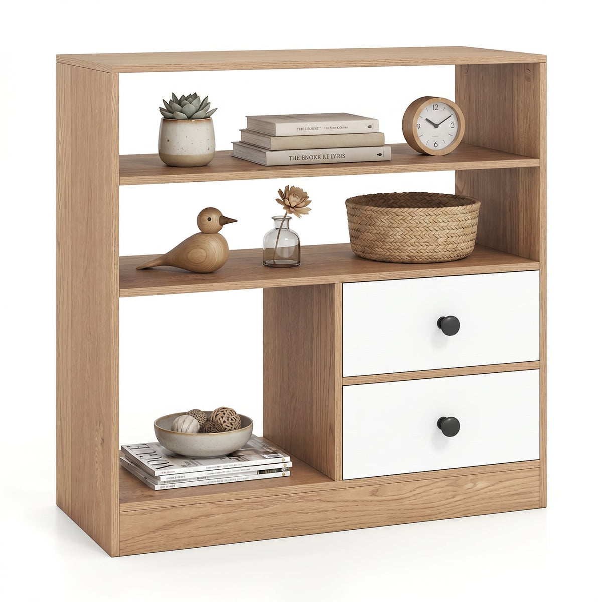 Open Storage Cabinet with 3 Open Compartments and 2 Drawer-Natural view 4