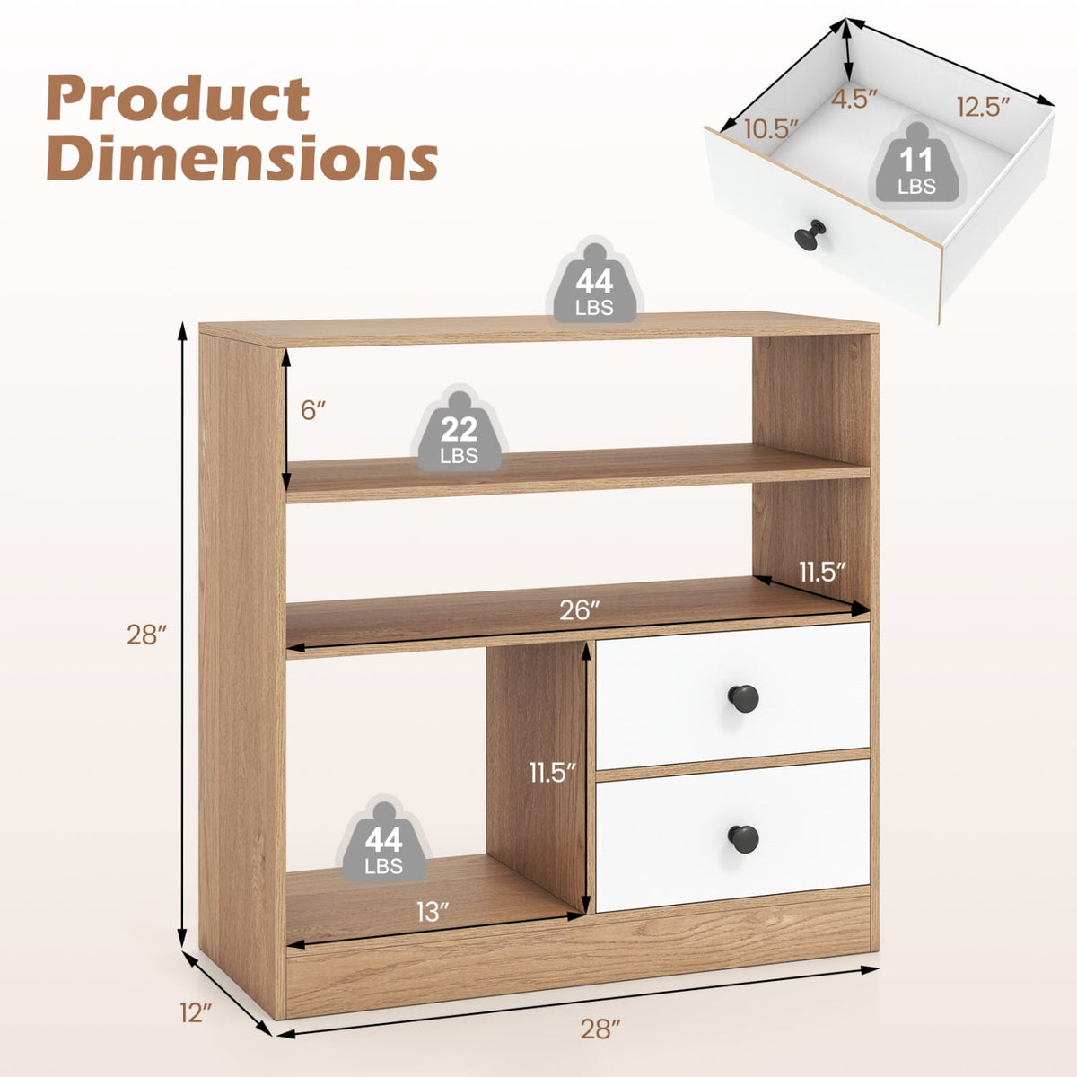 Open Storage Cabinet with 3 Open Compartments and 2 Drawer-Natural view 5