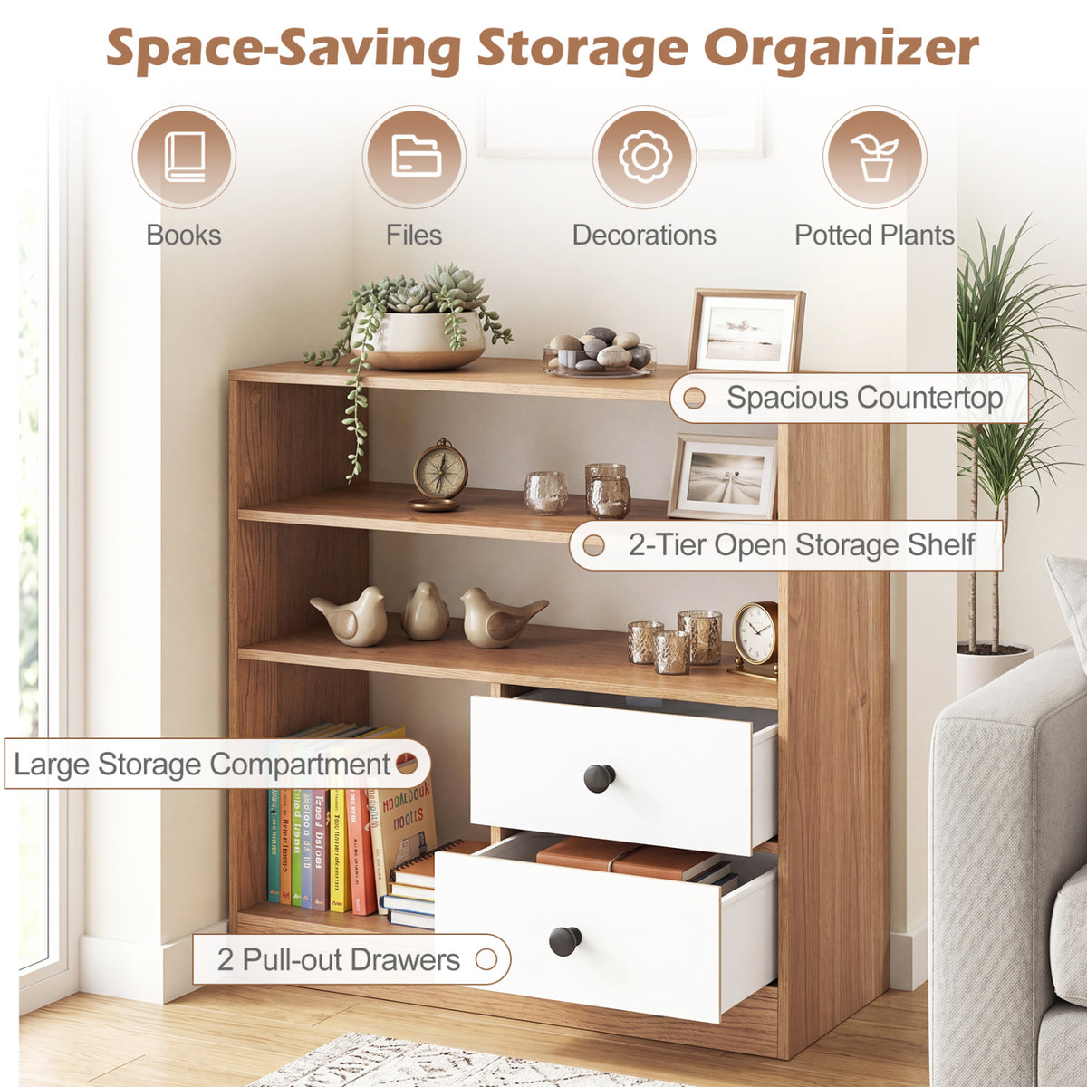 Open Storage Cabinet with 3 Open Compartments and 2 Drawer-Natural view 7
