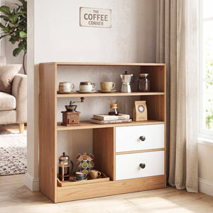 Open Storage Cabinet with 3 Open Compartments and 2 Drawer-Natural view 3