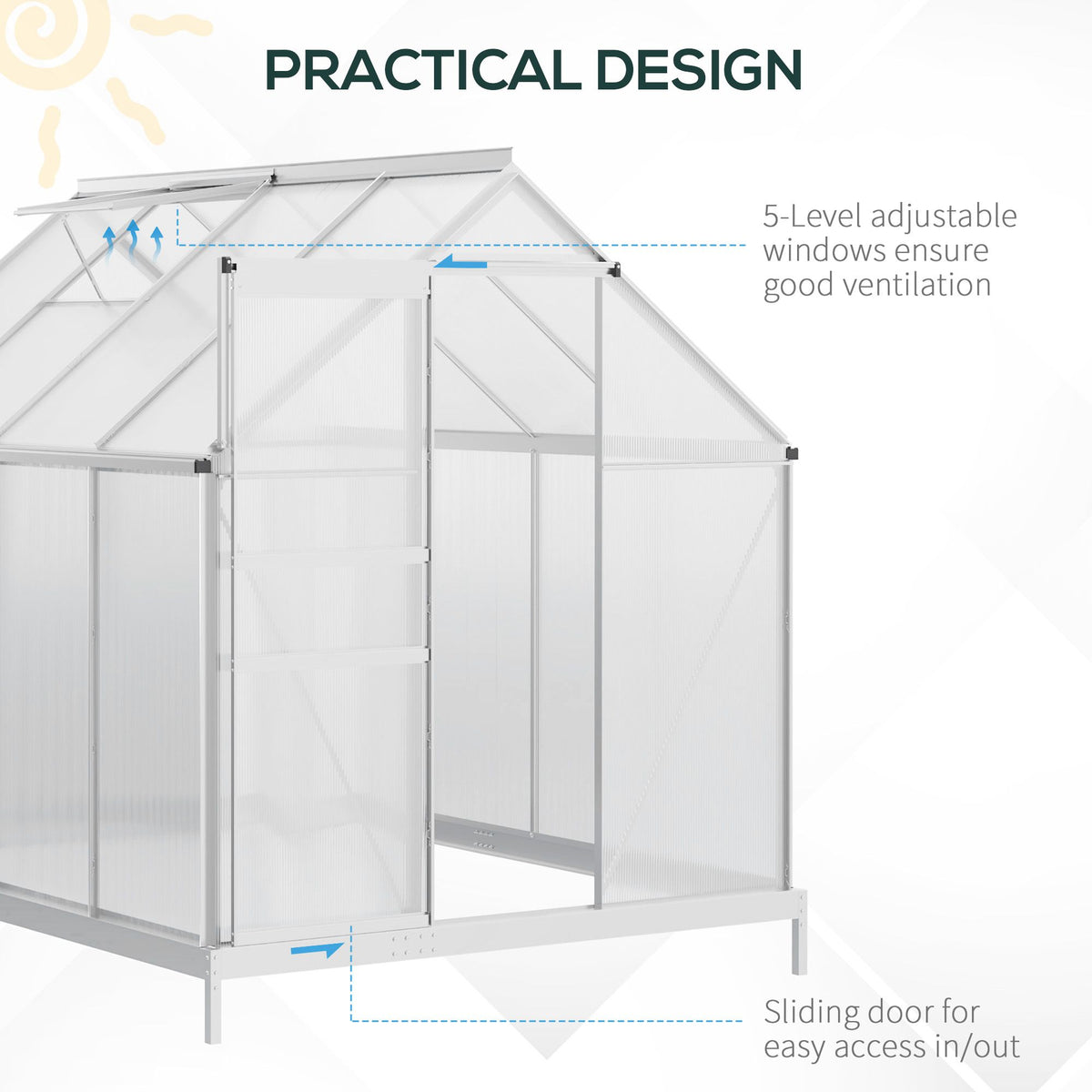 6' x 8' x 6.5' Walk-in Greenhouse, Polycarbonate Greenhouse with Adjustable Roof Vent, Base, Sliding Door – view 13