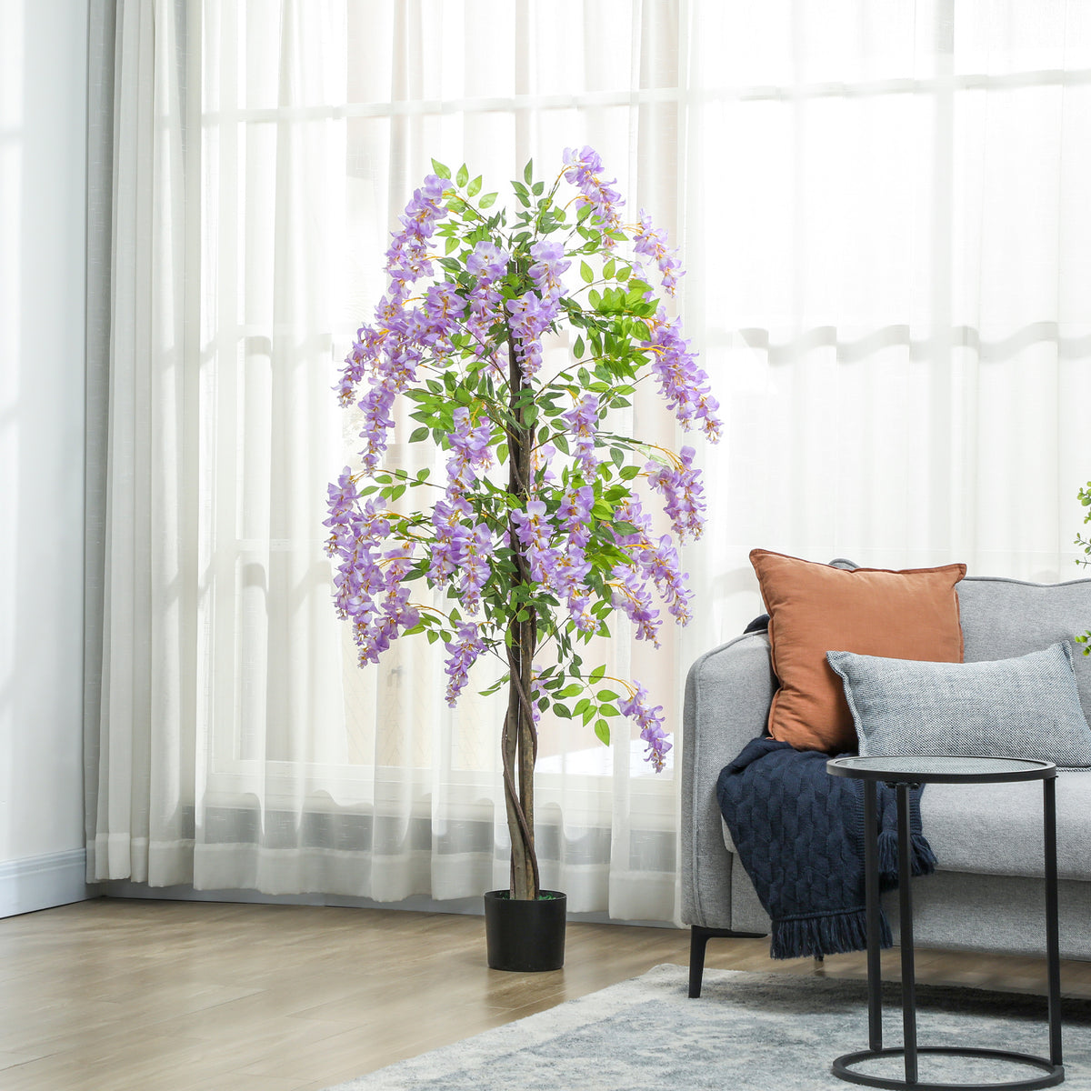 5.9FT Fake Wisteria Tree with Natural Wood Trunk, Artificial Plant in Nursery Pot, Greenery Tall Faux Floor Plant Purple