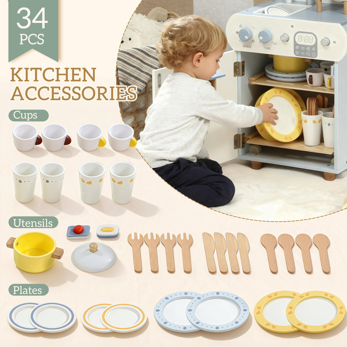 Qaba Wooden Dishwasher Playset, Play Sink Toys with Faucet, Turning Knobs and Accessories, Gift for Boys Girls Toddlers