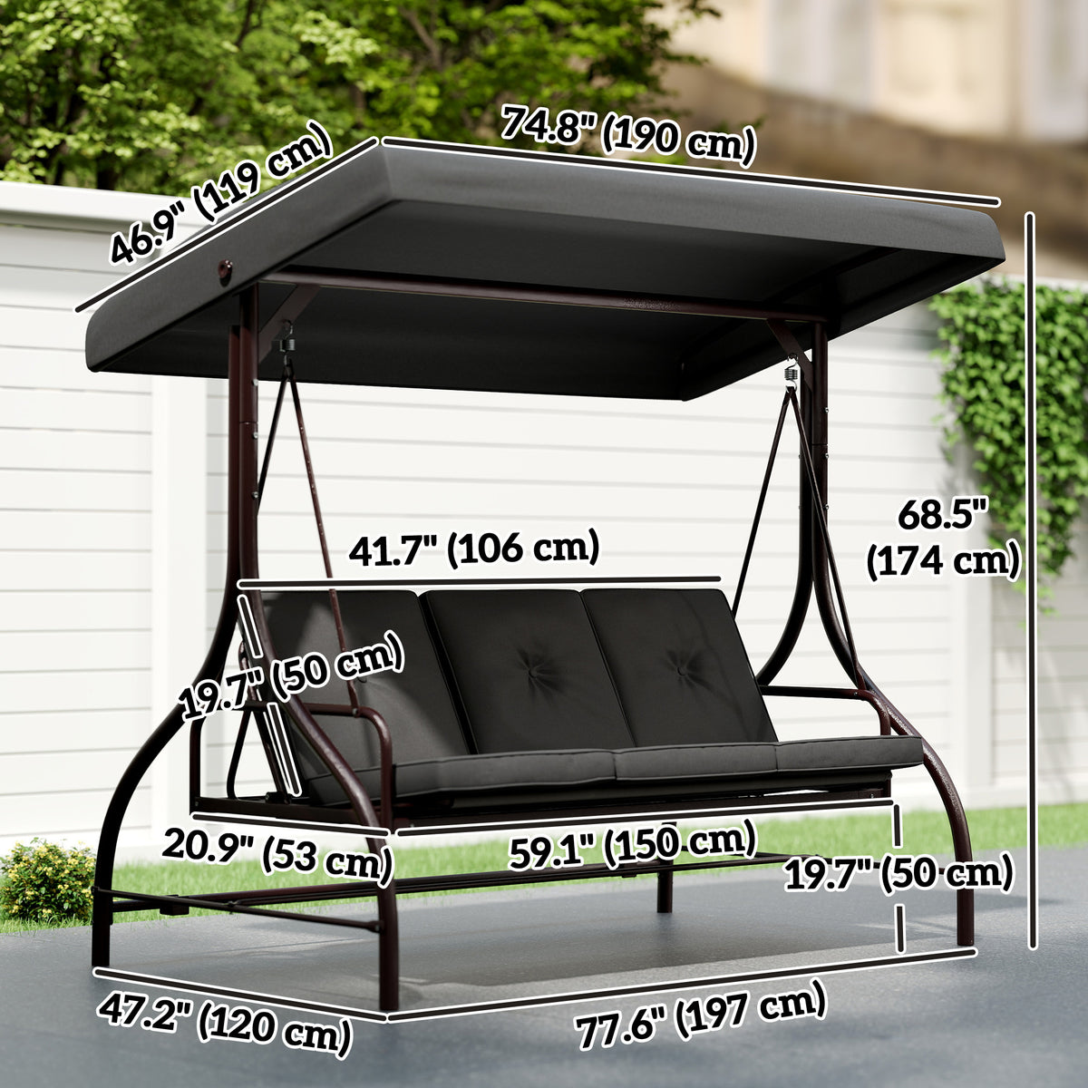 Convertible Patio Swing Bed with Canopy and Cushions, 3 Seater Porch Swing for Outdoor, Backyard, Garden – view 9