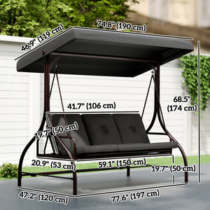 Convertible Patio Swing Bed with Canopy and Cushions, 3 Seater Porch Swing for Outdoor, Backyard, Garden – view 9