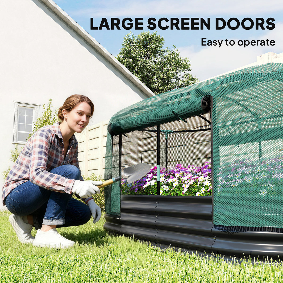 6' x 3' Galvanized Raised Garden Bed with Crop Cage Net Cover and Watering System, Outdoor Planter Box, Dark Grey