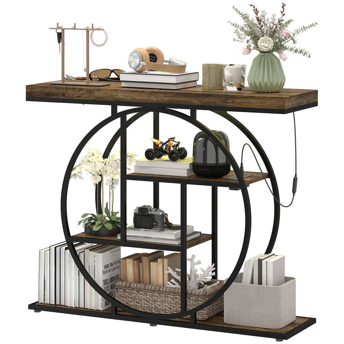 4-Tier Entryway Table with Charging Station LED Lights 39" Console Table with Circle Base for Living Room, Rustic Brown