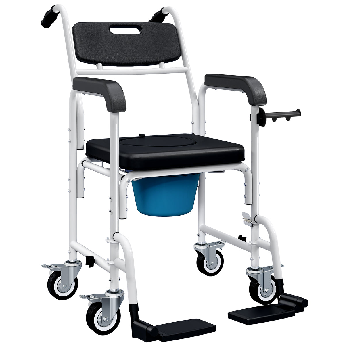 Rolling Shower Chair, Bedside Commode Chair with Wheels, Backrest, Arms, Flip Footrests for Seniors, Disabled, Black
