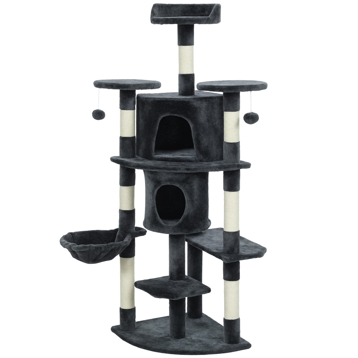 62" Cat Tree with Scratching Post, 2 Condos, Hammock, Perches, Plush, Pompoms, for Indoor Cats, Beige – view 8