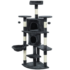 62" Cat Tree with Scratching Post, 2 Condos, Hammock, Perches, Plush, Pompoms, for Indoor Cats, Beige – view 8