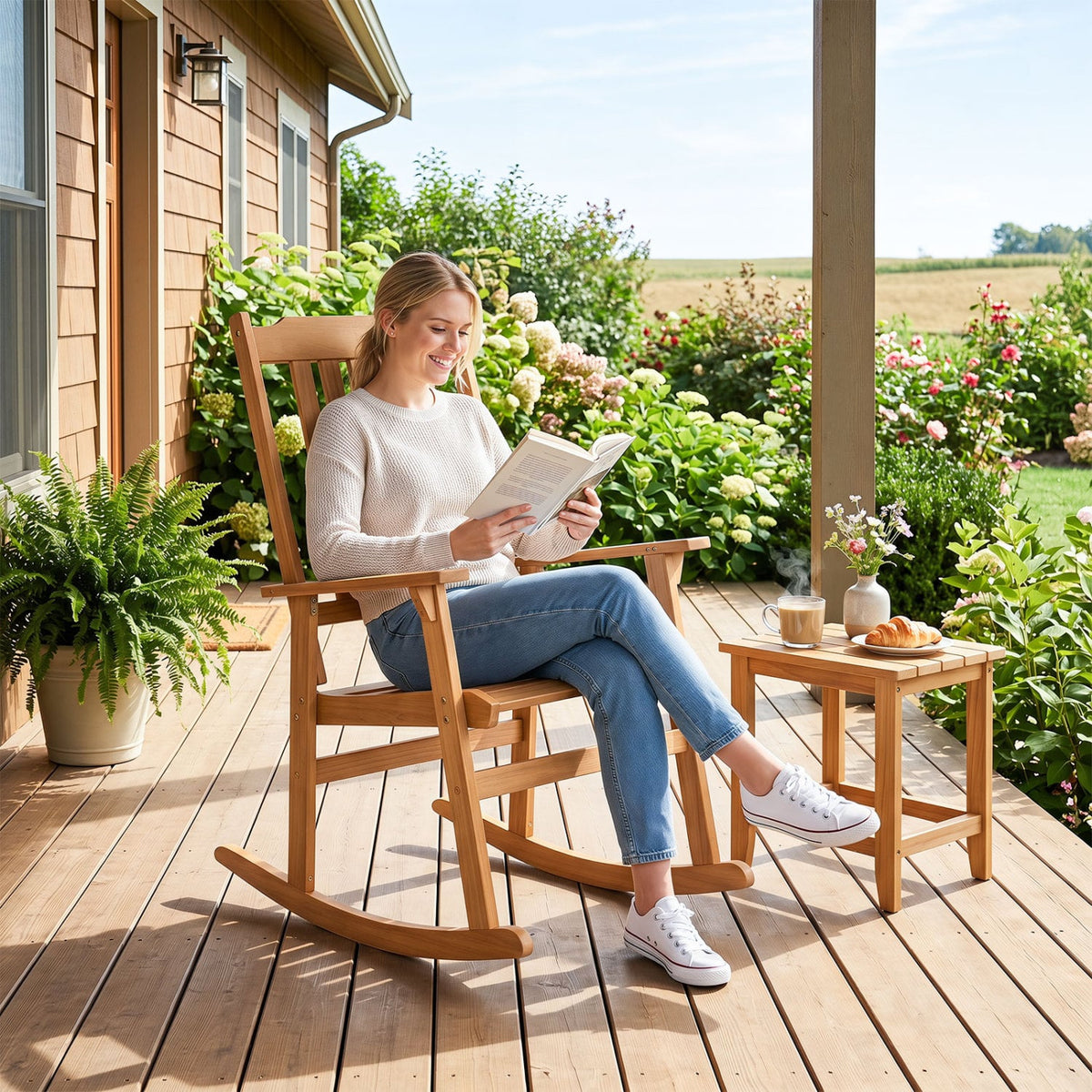 Outdoor Acacia Wood Rocking Chair with High Back and Armrests for Patio-Natural view 2