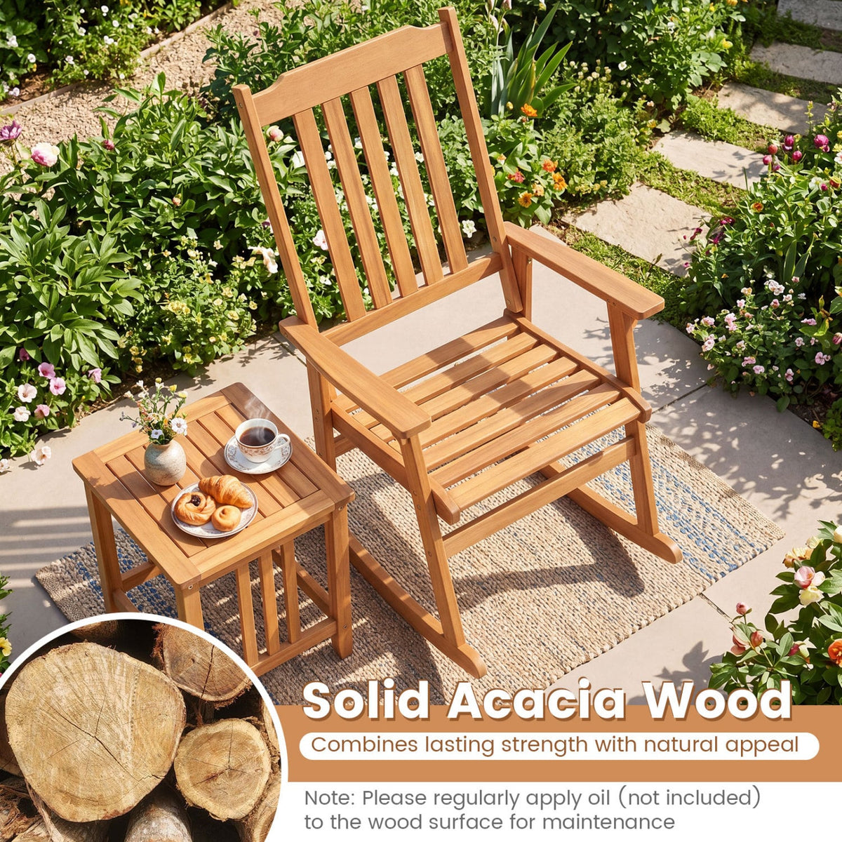 Outdoor Acacia Wood Rocking Chair with High Back and Armrests for Patio-Natural view 6