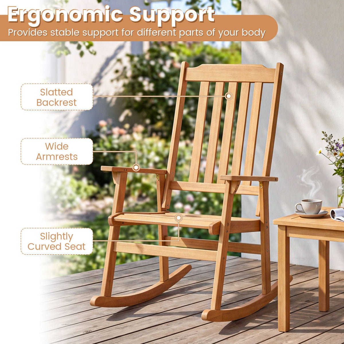 Outdoor Acacia Wood Rocking Chair with High Back and Armrests for Patio-Natural view 8