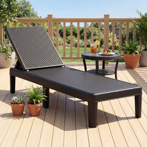 Outdoor Chaise Lounger Chair with Waterproof Rattan Textured PP Surface Set of 2-Black view 3