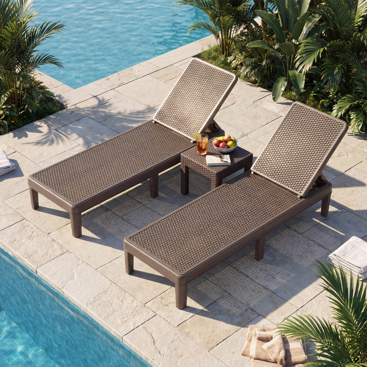 Outdoor Chaise Lounger Chair with Waterproof Rattan Textured PP Surface Set of 2-Brown view 2