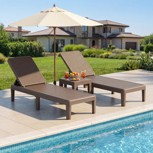 Outdoor Chaise Lounger Chair with Waterproof Rattan Textured PP Surface Set of 2-Brown view 3