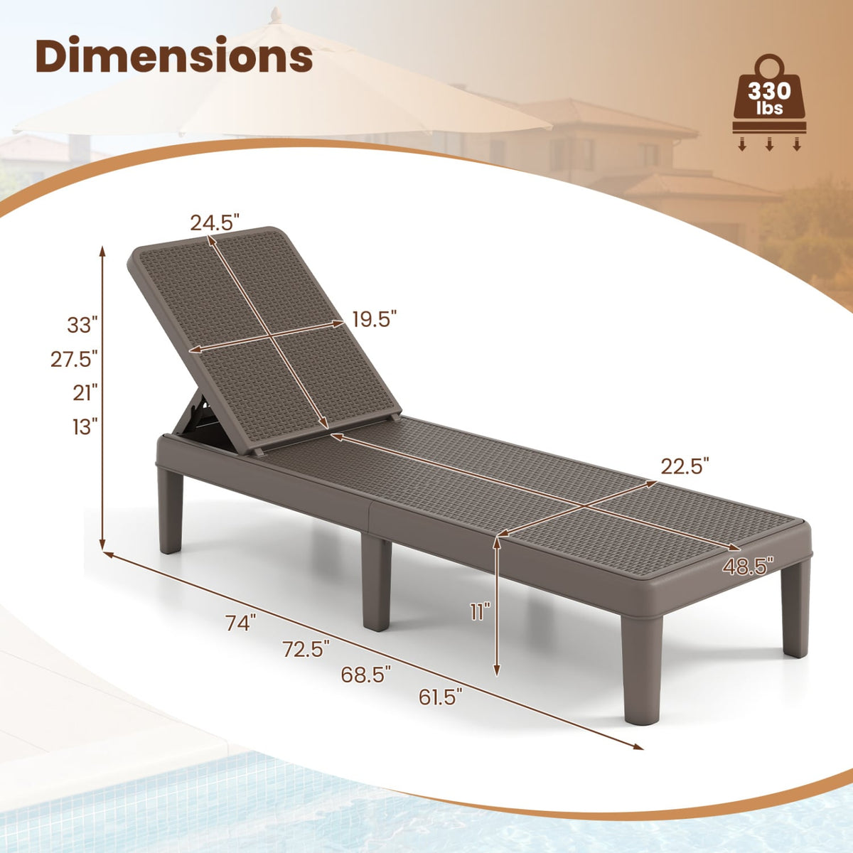 Outdoor Chaise Lounger Chair with Waterproof Rattan Textured PP Surface Set of 2-Brown view 5