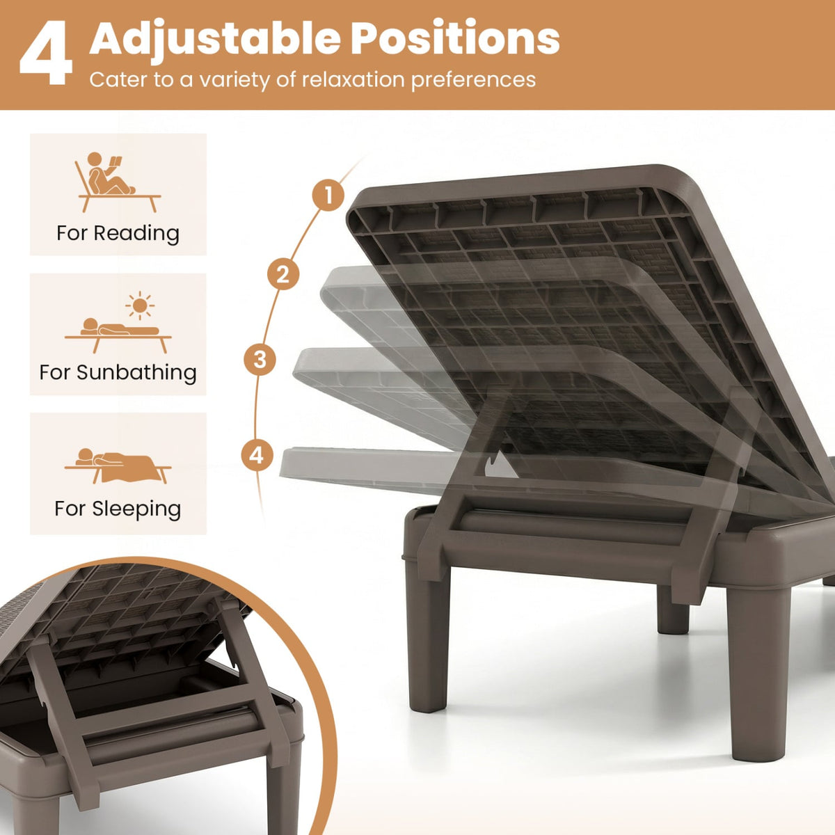 Outdoor Chaise Lounger Chair with Waterproof Rattan Textured PP Surface Set of 2-Brown view 6