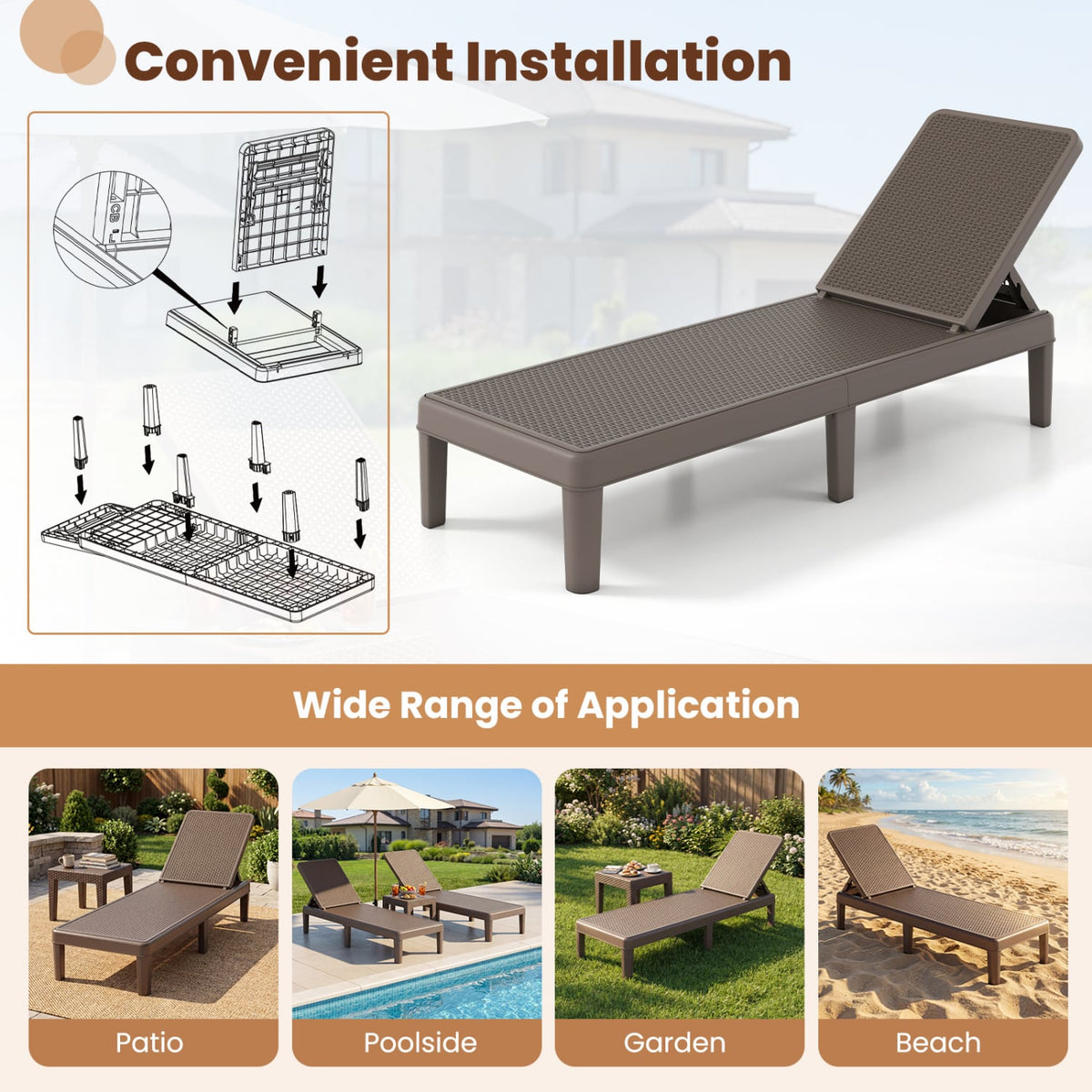 Outdoor Chaise Lounger Chair with Waterproof Rattan Textured PP Surface Set of 2-Brown view 9