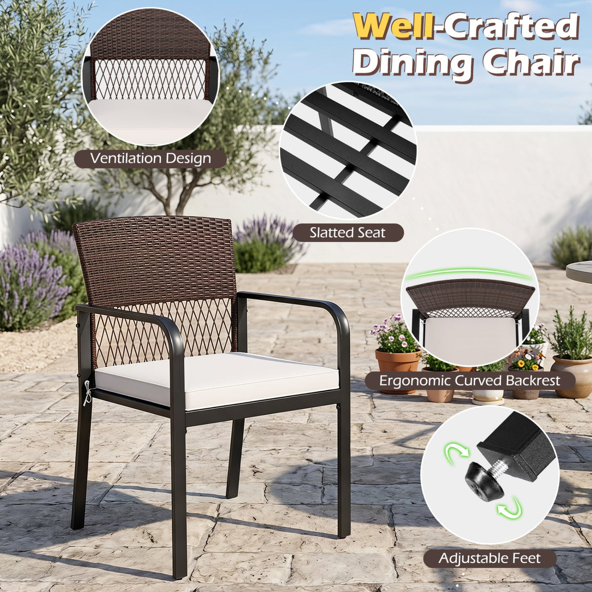 Outdoor Dining Chairs Set of 4 with Padded Cushion and Adjustable Feet for Patio-Beige view 8