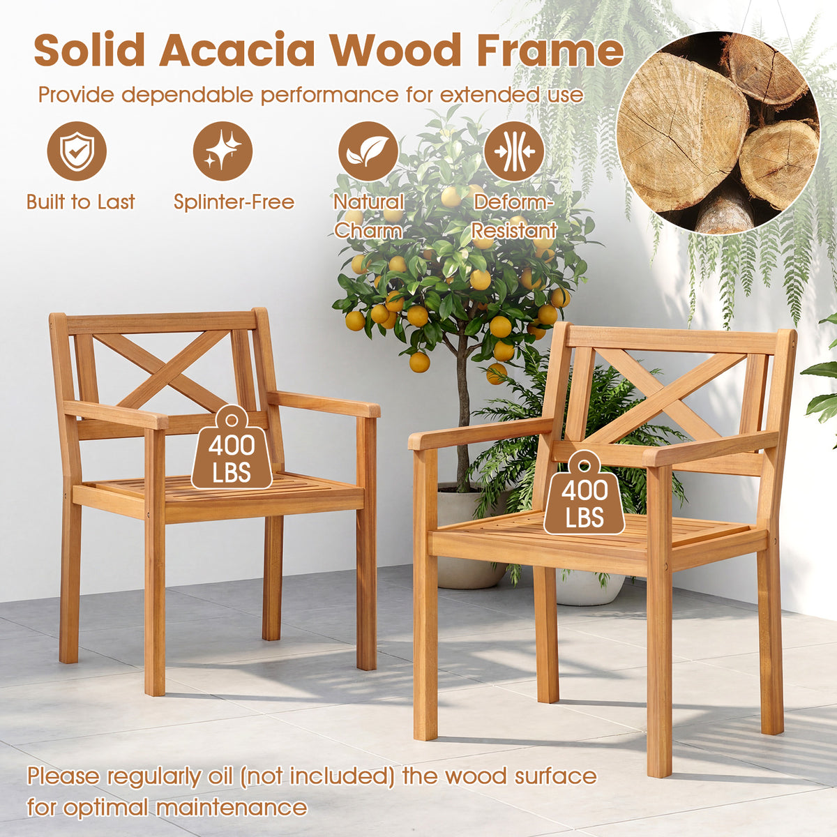 Outdoor Garden Acacia Wood Patio Dining Chairs for Porch-Set of 2 view 6