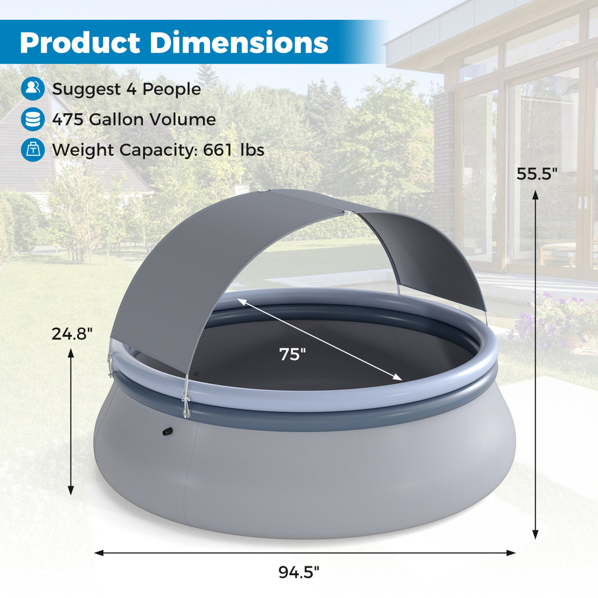 Outdoor Inflatable Pool with Sunshade Canopy-S view 5
