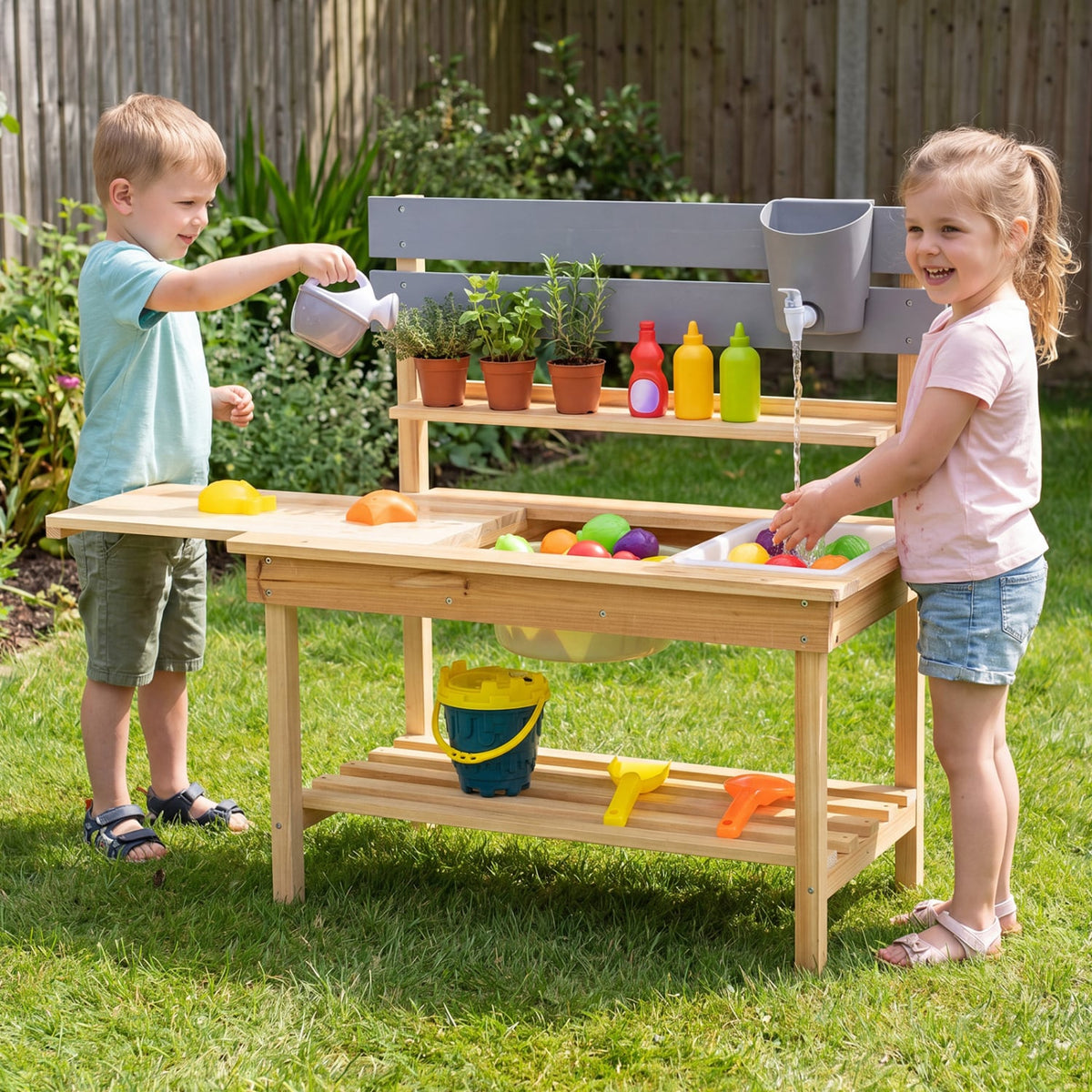 Outdoor Kids Mud Kitchen with Extended Tabletop and Water Tank-Natural view 2