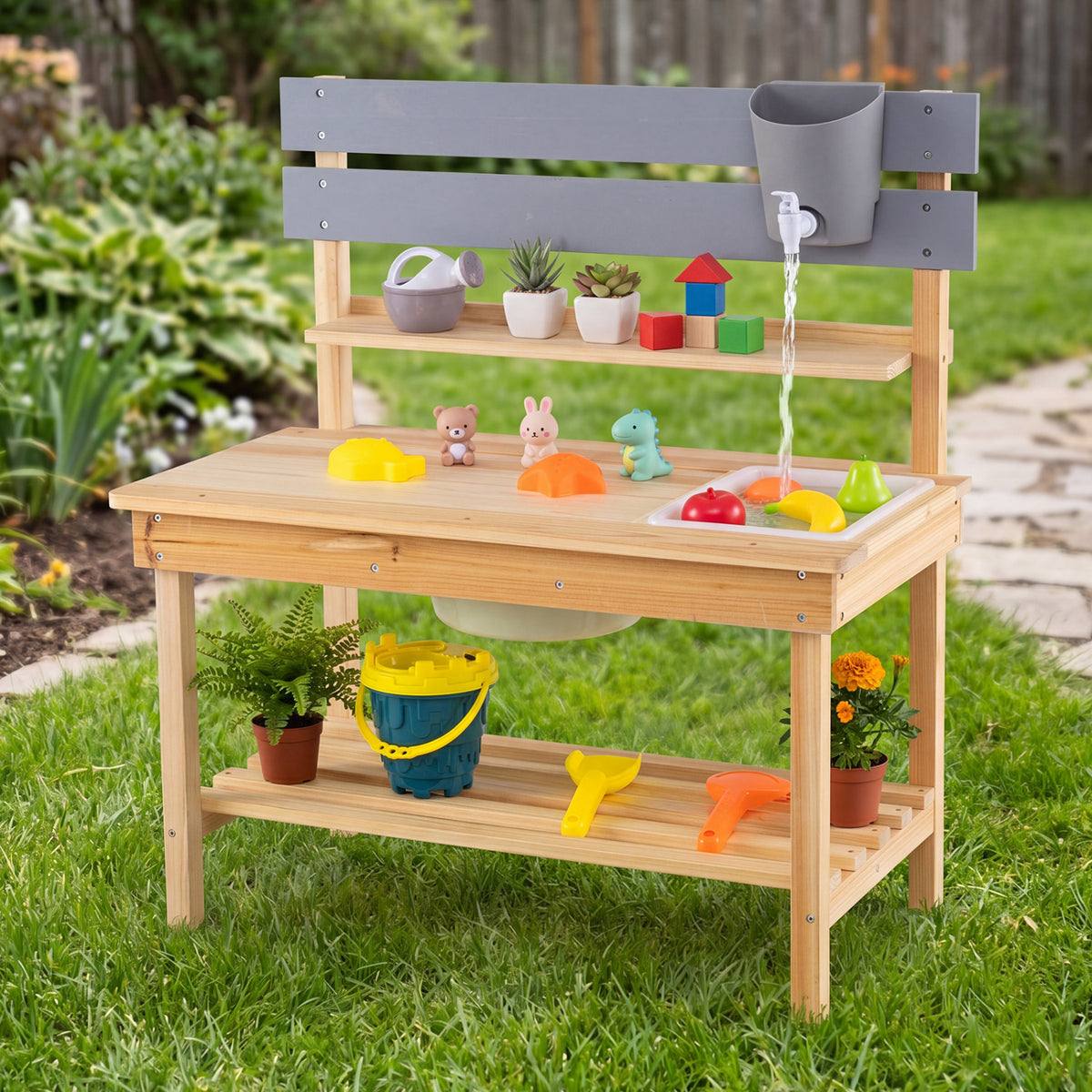 Outdoor Kids Mud Kitchen with Extended Tabletop and Water Tank-Natural view 3