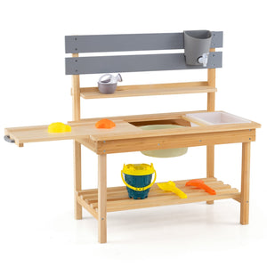 Outdoor Kids Mud Kitchen with Extended Tabletop and Water Tank-Natural