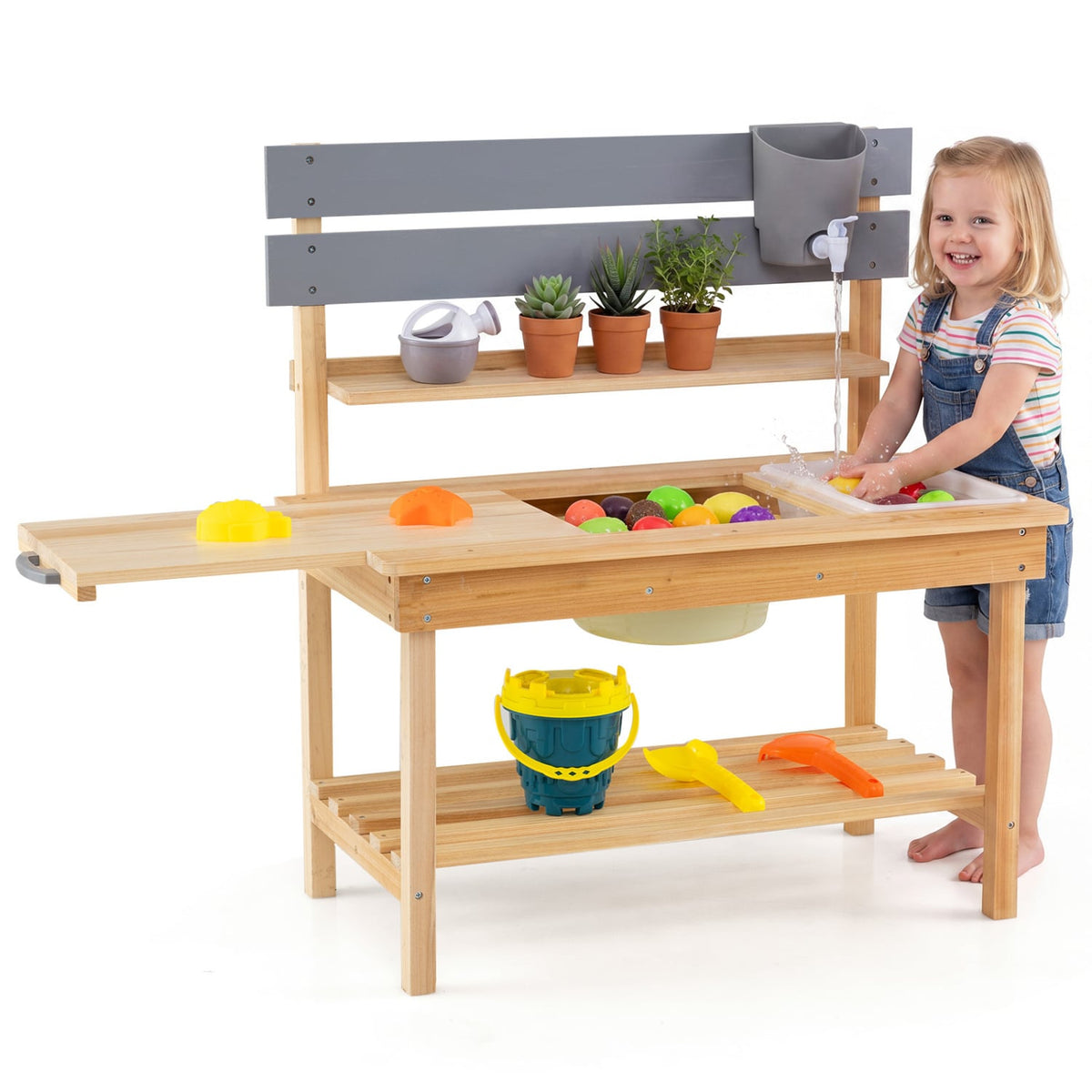 Outdoor Kids Mud Kitchen with Extended Tabletop and Water Tank-Natural view 4