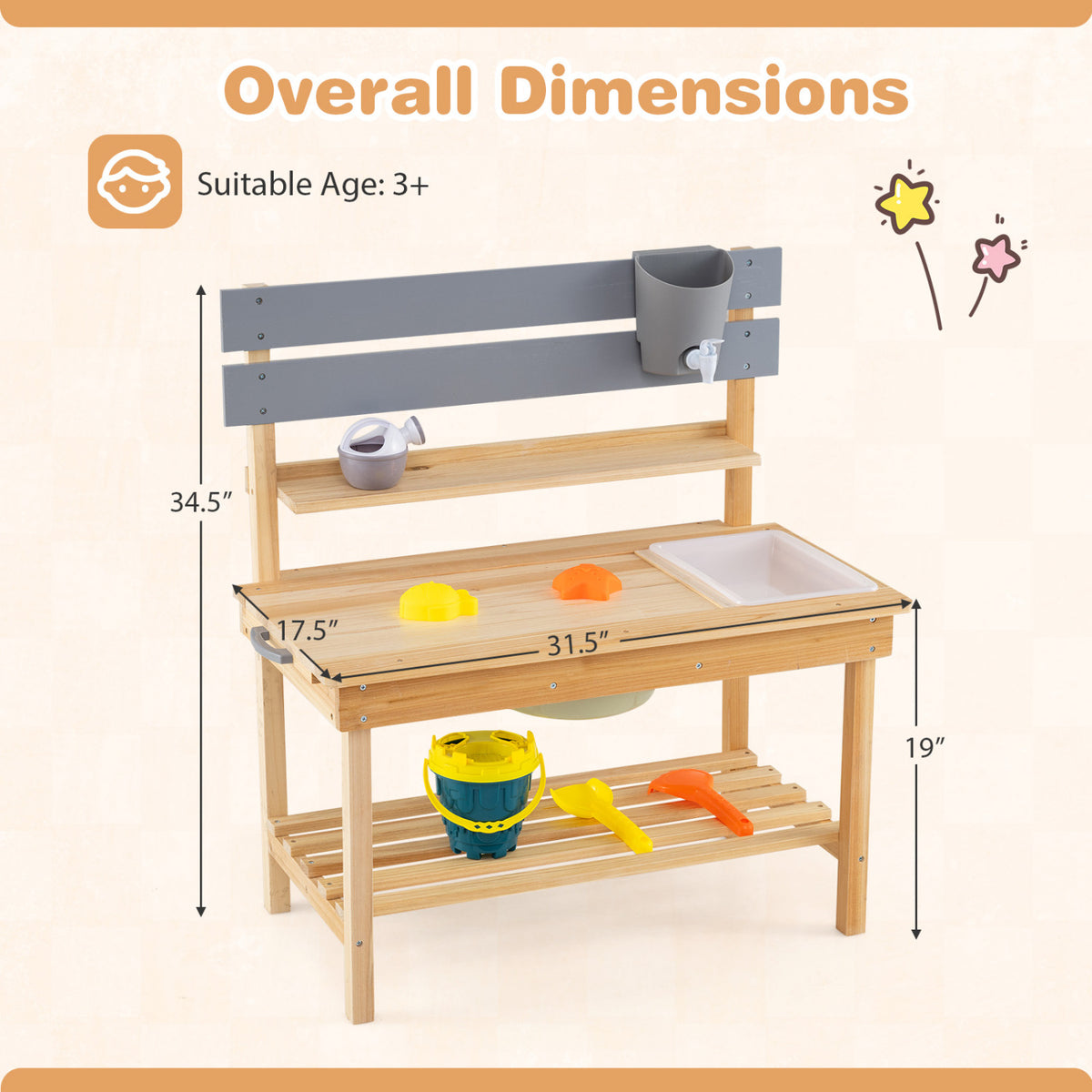 Outdoor Kids Mud Kitchen with Extended Tabletop and Water Tank-Natural view 5