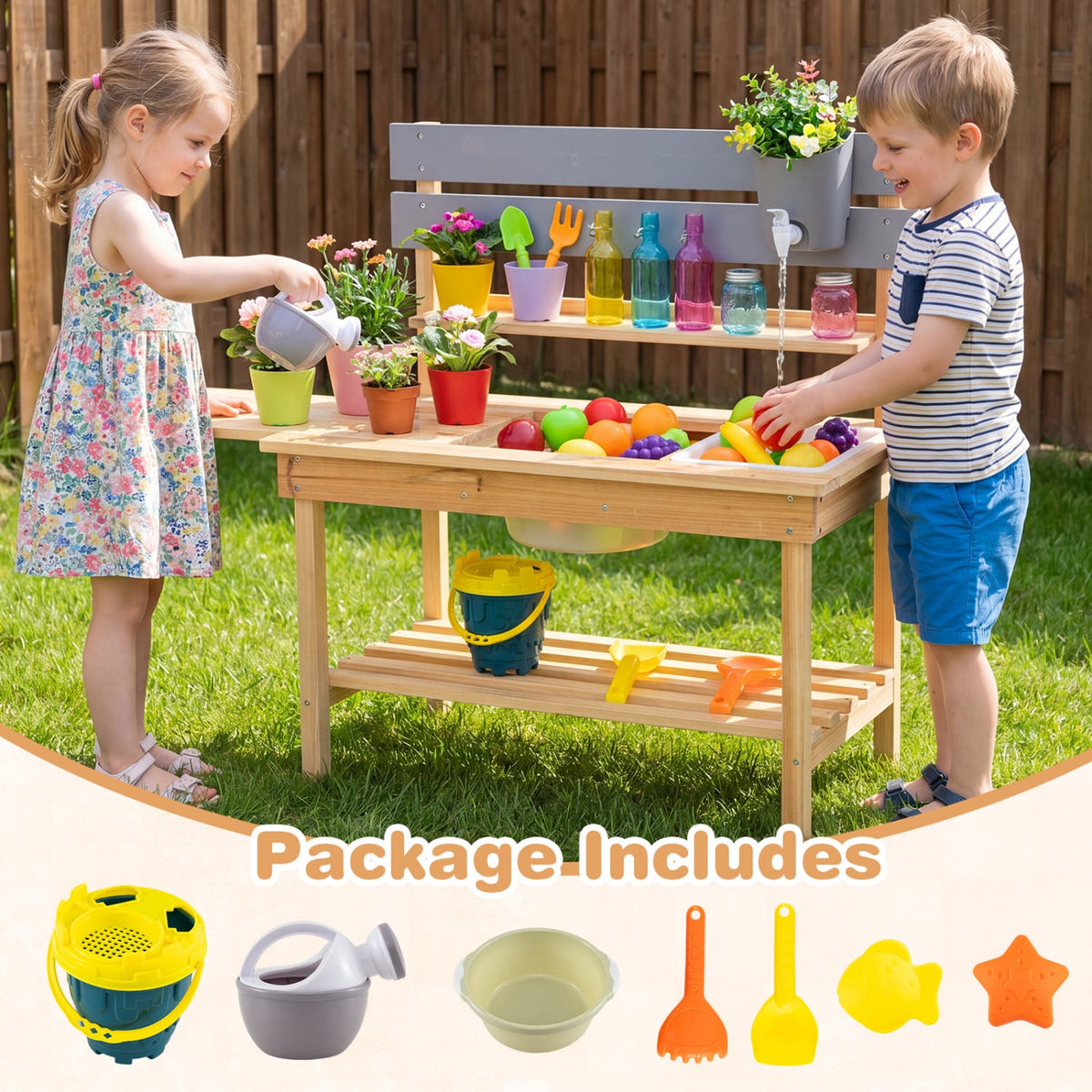 Outdoor Kids Mud Kitchen with Extended Tabletop and Water Tank-Natural view 6