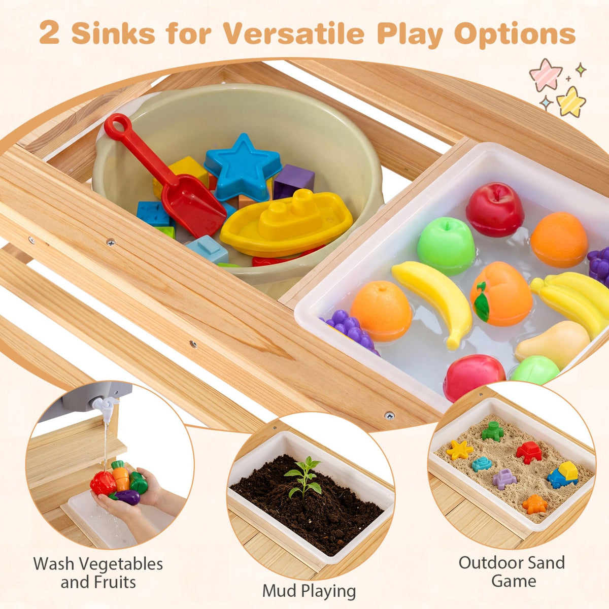 Outdoor Kids Mud Kitchen with Extended Tabletop and Water Tank-Natural view 7