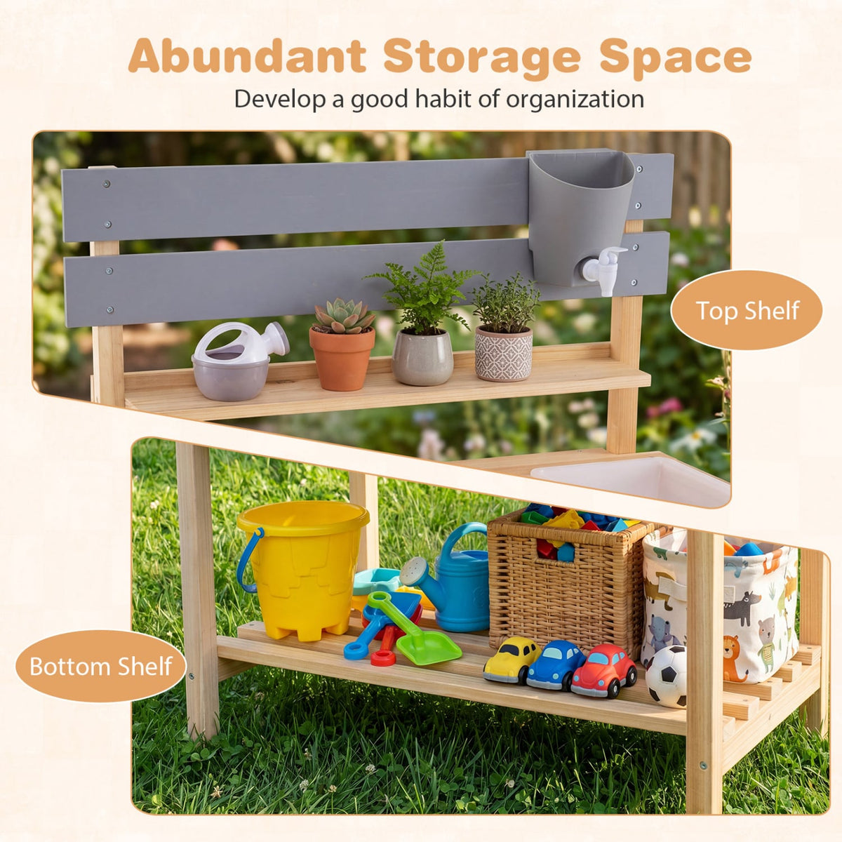 Outdoor Kids Mud Kitchen with Extended Tabletop and Water Tank-Natural view 9
