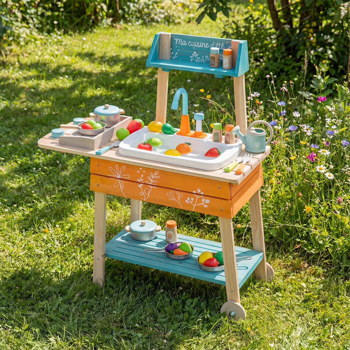 Outdoor Kids Play Kitchen Set Wooden Toy Kitchen Playset with Removable Sink-Orange view 2