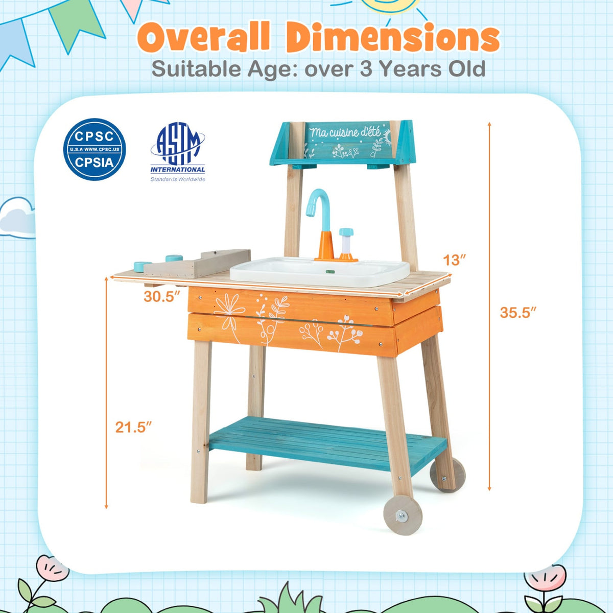 Outdoor Kids Play Kitchen Set Wooden Toy Kitchen Playset with Removable Sink-Orange view 5