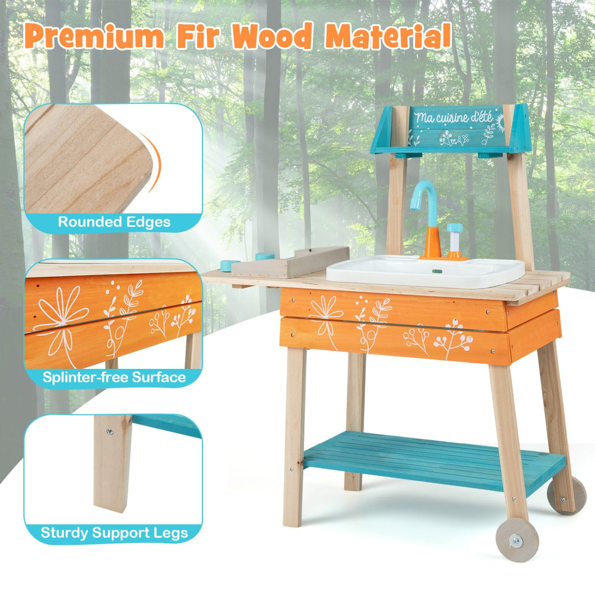 Outdoor Kids Play Kitchen Set Wooden Toy Kitchen Playset with Removable Sink-Orange view 9
