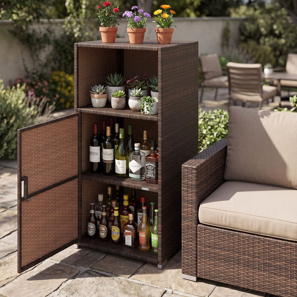 Outdoor PE Wicker Storage Cabinet with Door and Open Compartment for Patio-Brown view 3