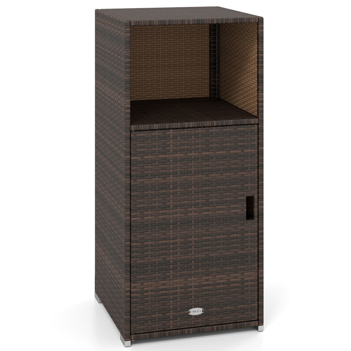 Outdoor PE Wicker Storage Cabinet with Door and Open Compartment for Patio-Brown view 4