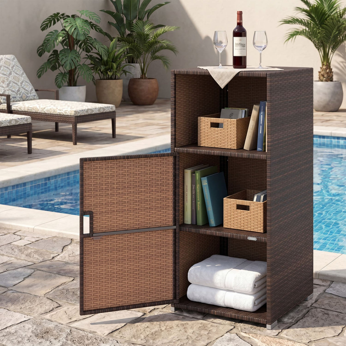 Outdoor PE Wicker Storage Cabinet with Door and Open Compartment for Patio-Brown view 6