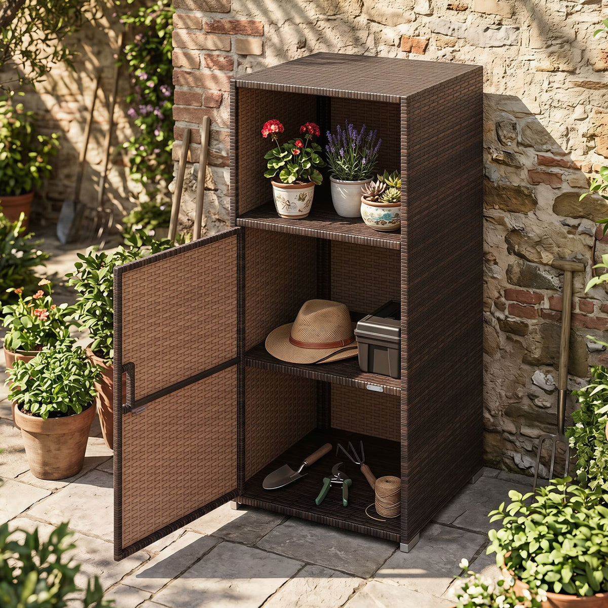 Outdoor PE Wicker Storage Cabinet with Door and Open Compartment for Patio-Brown view 8