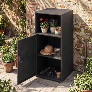 Outdoor PE Wicker Storage Cabinet with Door and Open Compartment for Patio-Black view 2