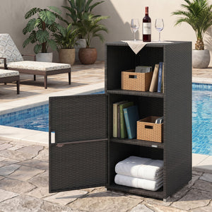 Outdoor PE Wicker Storage Cabinet with Door and Open Compartment for Patio-Black view 3