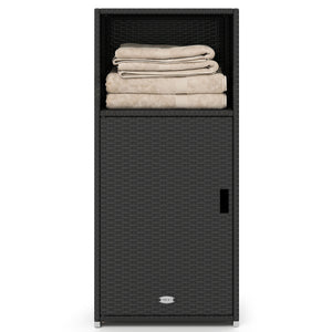 Outdoor PE Wicker Storage Cabinet with Door and Open Compartment for Patio-Black