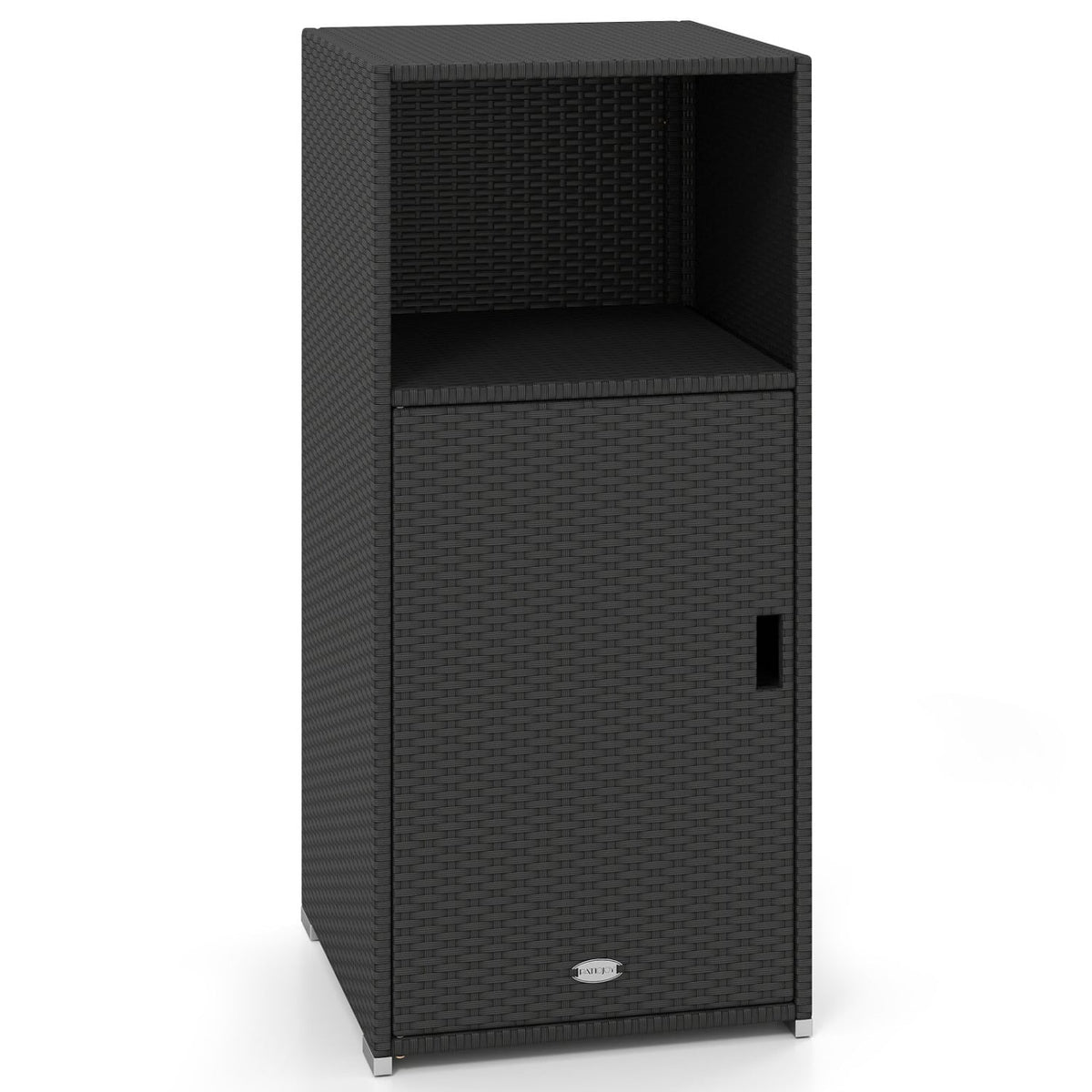 Outdoor PE Wicker Storage Cabinet with Door and Open Compartment for Patio-Black view 4
